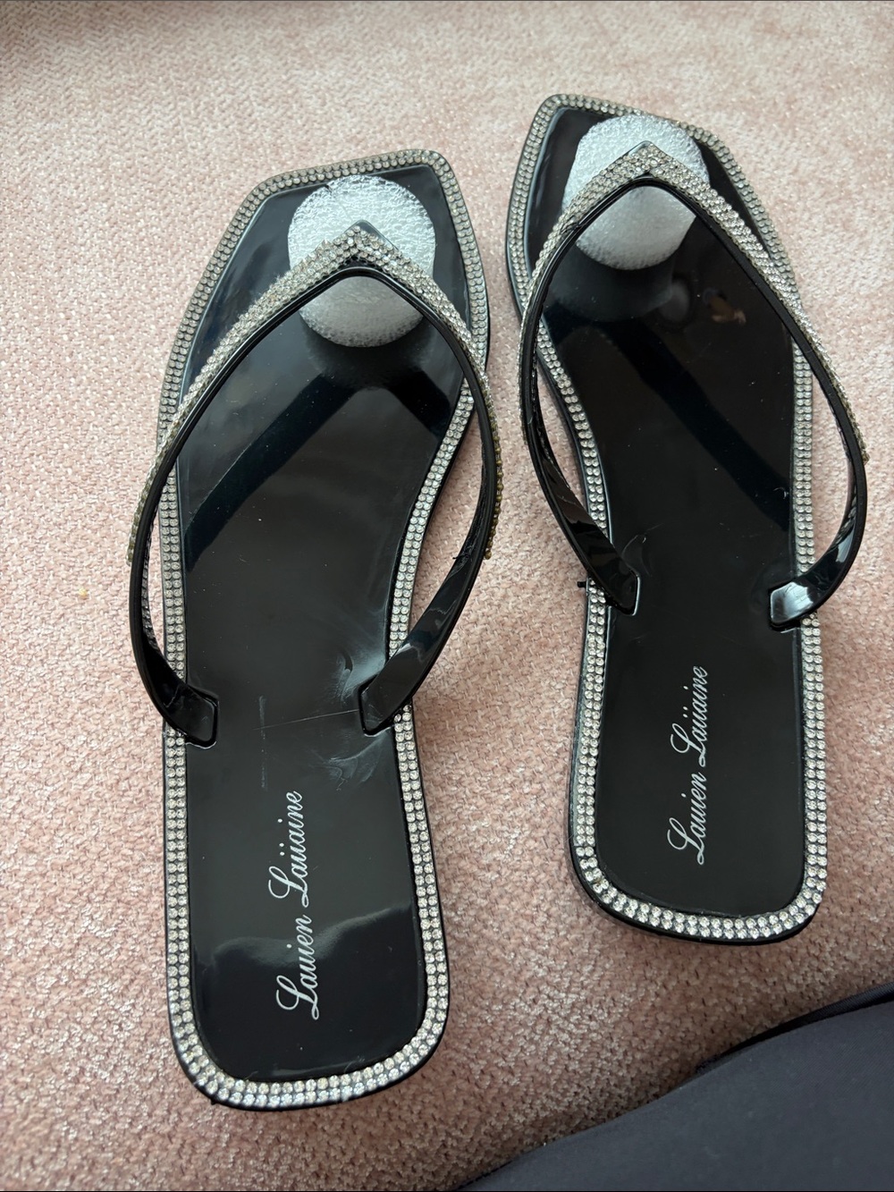 Lauren Lorraine Black Rhinestone Trim Square-Toe Flip Sandals